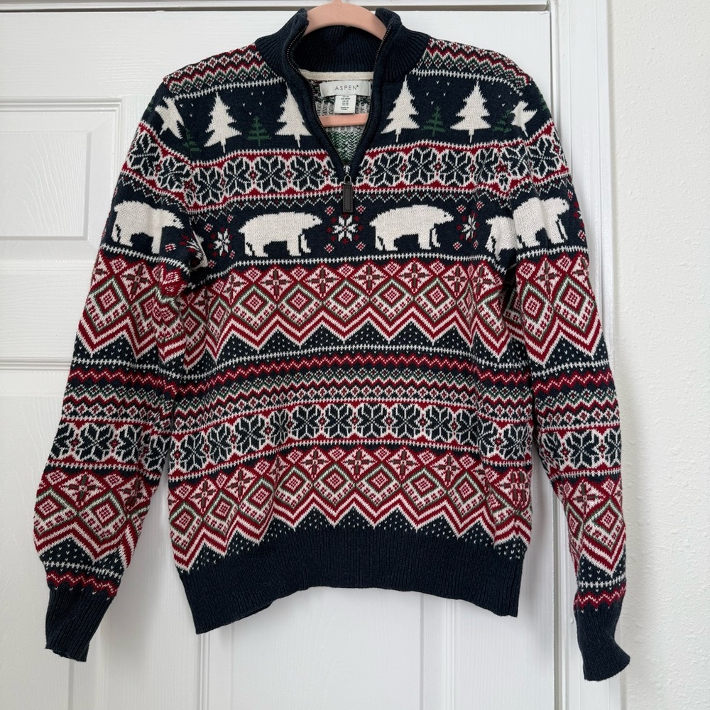 Aspen Men’s Fair Isle Quarter Zip 100% cotton polar bear sweater Medium